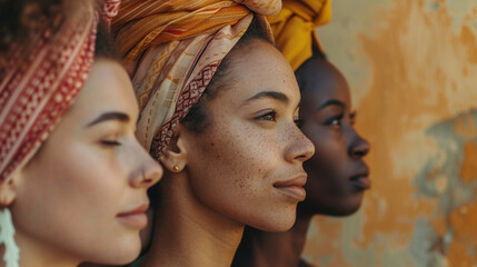 Naklejka premium Three women wearing colorful head scarves stand together