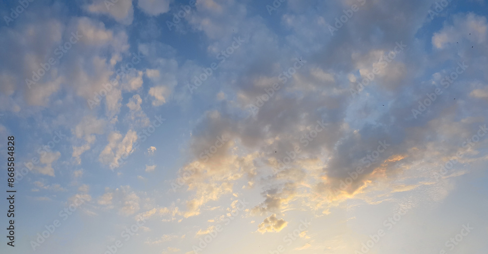 Wall mural blue sky clouds background. beautiful weather landscape with cloud and orange sun light on horizon