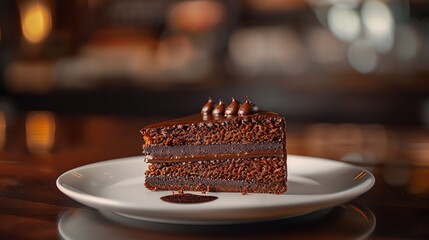A dynamic image of an Austrian sachertorte, with its rich, chocolatey layers and smooth glaze, set against a traditional Viennese cafe backdrop with warm lighting