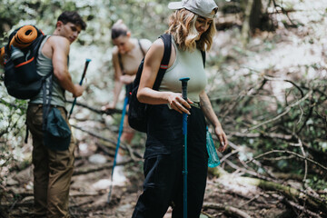 Three young friends enjoying a hike in the forest during summer. They are exploring the trail and embracing the adventure in nature together.