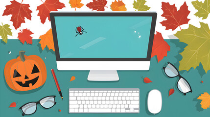 Hintergrund mit PC und Herbstlaub mit K&uuml;rbis f&uuml;r Halloween, made by AI