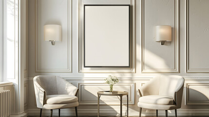 Art Deco extravagant and premium interior design hotel lobby with chairs, sofa and empty poster mockup on the wall