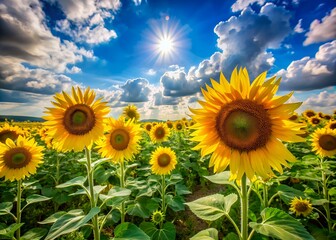 Vibrant sunflowers bloom in a lush green field under a bright blue sky with fluffy white clouds on a warm summer day.