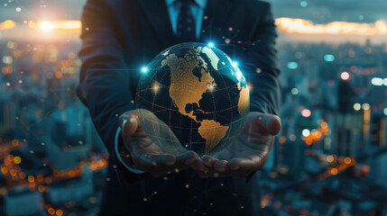 Fototapeta premium Businessman holding global network and data exchanges over the world, generative ai