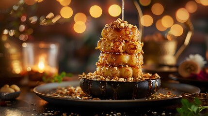 A dynamic shot of a stack of fresh malpua, drizzled with syrup and garnished with crushed nuts, placed on a traditional Indian thali with warm, ambient lighting
