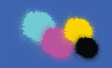 Colorful cyan, magenta, and yellow ink splatters are creating an abstract design