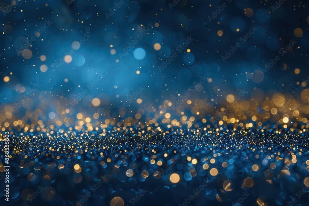 Wall mural majestic gold particles shimmering on deep blue background abstract festive texture - Wall murals