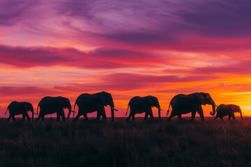 majestic herd of african elephants silhouetted against vibrant orange and purple sunset sky crossing vast savanna grasslands