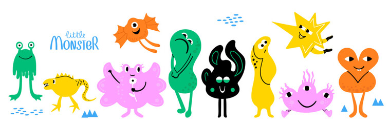 Fantastic monsters.Funny funny abstract creatures with different emotions.Colorful hand drawn vector illustration isolated on white background