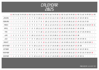 Linear Calendar 2025. Horizontal layout, page size A4, week starts on Sunday, English.