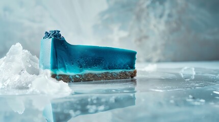 A luxurious image of a blue spirulina cheesecake, with its vibrant blue color and creamy layers, set against a minimalistic white background with soft, ambient lighting