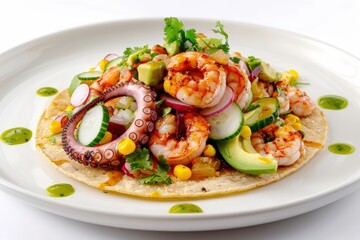Mouthwatering Seafood Tostada with Octopus, Calamari, and Shrimp