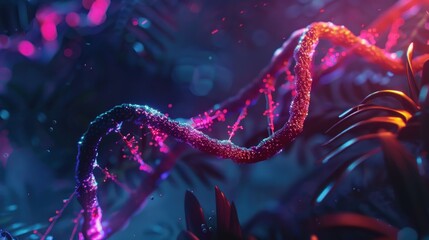 Glowing DNA Strand in a Neon Forest