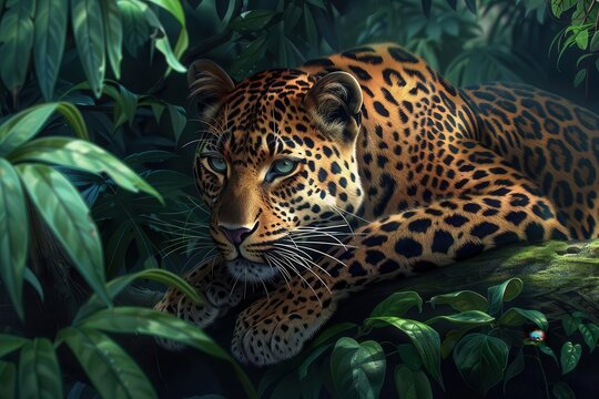 majestic leopard resting in lush green jungle wild animal nature wallpaper digital painting
