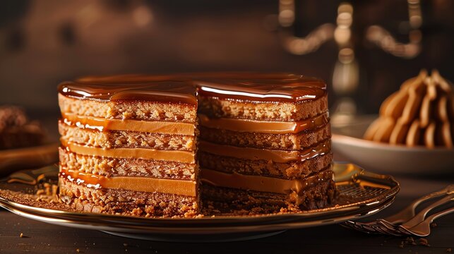 A luxurious image of a Hungarian dobos torte, with its layered sponge and caramel topping, set against an elegant backdrop with warm lighting