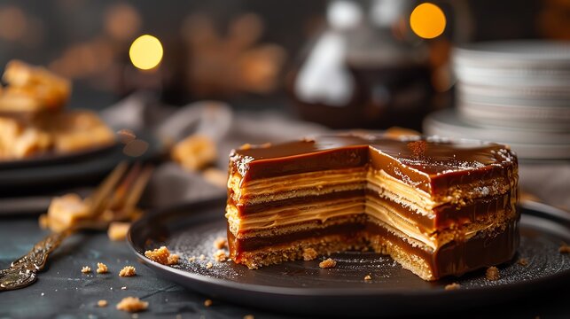 A luxurious image of a Hungarian dobos torte, with its layered sponge and caramel topping, set against an elegant backdrop with warm lighting