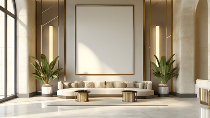 Art Deco extravagant and premium interior design hotel lobby with chairs, sofa and empty poster mockup on the wall