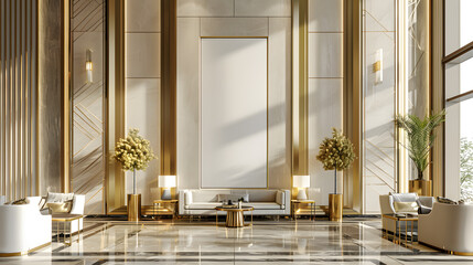 Art Deco extravagant and premium interior design hotel lobby with chairs, sofa and empty poster mockup on the wall