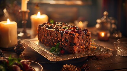 A luxurious image of an Irish barmbrack, with its rich, fruitfilled texture, set against an elegant backdrop with warm lighting