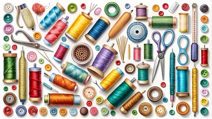 Colorful illustration of assorted sewing tools and notions, including scissors, threads, buttons, and needles, arranged artfully on a white background with subtle texture.