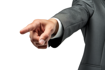 Business professional's hand pointing decisively isolated, conveying a sense of direction and leadership.