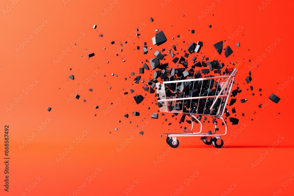 Poster abstract design showcasing a cart explosion with dynamic geometric shapes with copy space