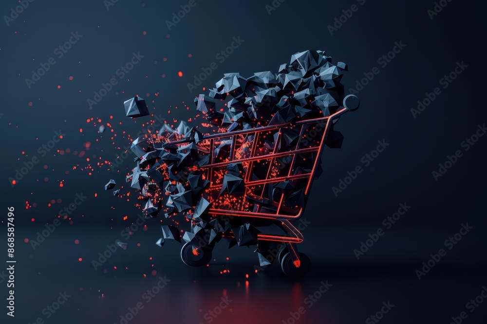 Poster abstract design showcasing a cart explosion with dynamic geometric shapes with copy space