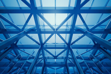 Naklejka premium Abstract steel structure with intricate patterns, dynamic angles and reflections, urban environment, Contemporary, Photorealistic