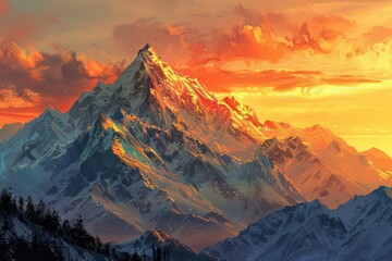 majestic mountain landscape at sunrise with glowing orange sky digital painting