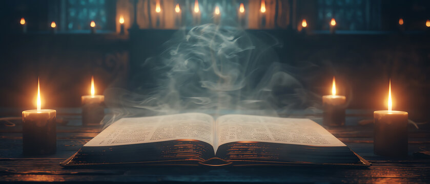 Ancient grimoire with arcane symbols, candles flickering around it, ethereal smoke rising, mysterious and magical, Photorealistic, High Detail