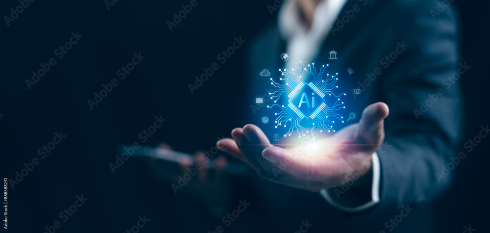 Poster businessman hand showing cloud ai technology on global. ai learning and business artificial intellig