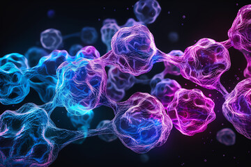 Microscopic view of cells in vibrant colors, intricate structures, illuminated against a black backdrop, Biological Science, High Resolution