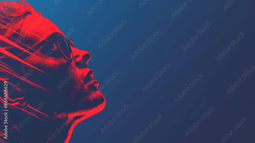 Poster conceptual minimal banner featuring a cyber singer with dynamic digital elements with copy space