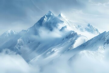 Obraz premium majestic snowcapped mountain range piercing through misty clouds panoramic vista ethereal winter landscape soft diffused lighting serene atmosphere pristine wilderness
