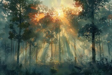 majestic sunrise illuminating misty forest with sun rays breaking through trees nature landscape digital painting