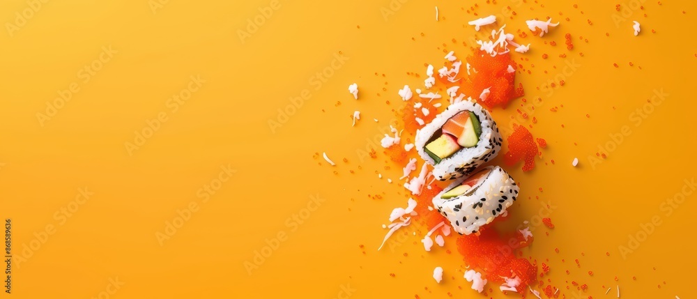 Poster conceptual representation of a sushi explosion with vibrant colors and a minimalist approach with co