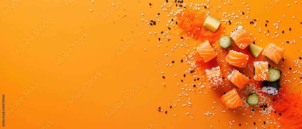 Poster conceptual representation of a sushi explosion with vibrant colors and a minimalist approach with co