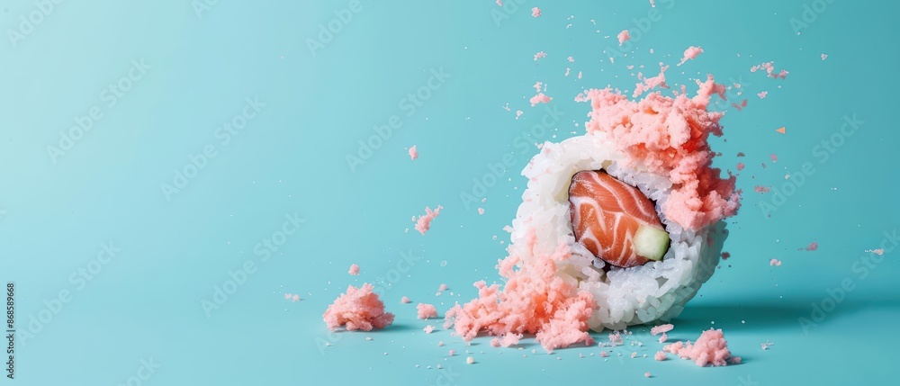 Poster conceptual representation of a sushi explosion with vibrant colors and a minimalist approach with co