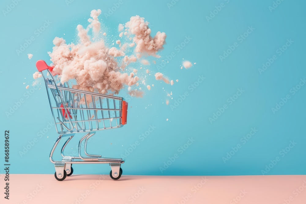 Poster conceptual representation of a cart explosion with clean, minimalist visuals and vibrant colors with