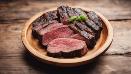Obraz premium Top view of wagyu a5 on a wooden bowl on a wooden background with copy space