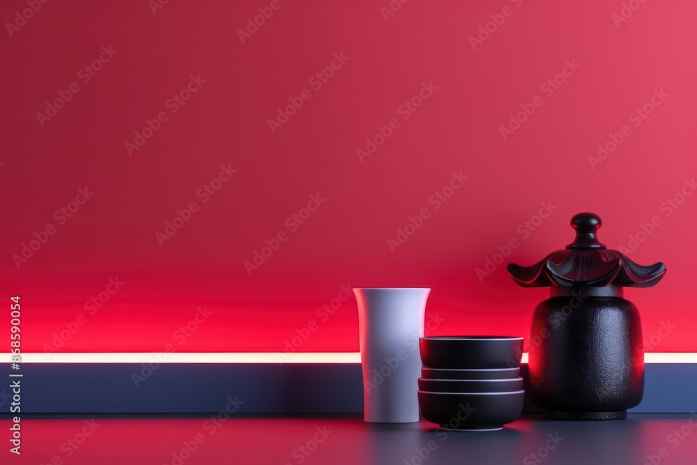 Poster dynamic display of asian culinary elements with neon highlights and clean lines with copy space