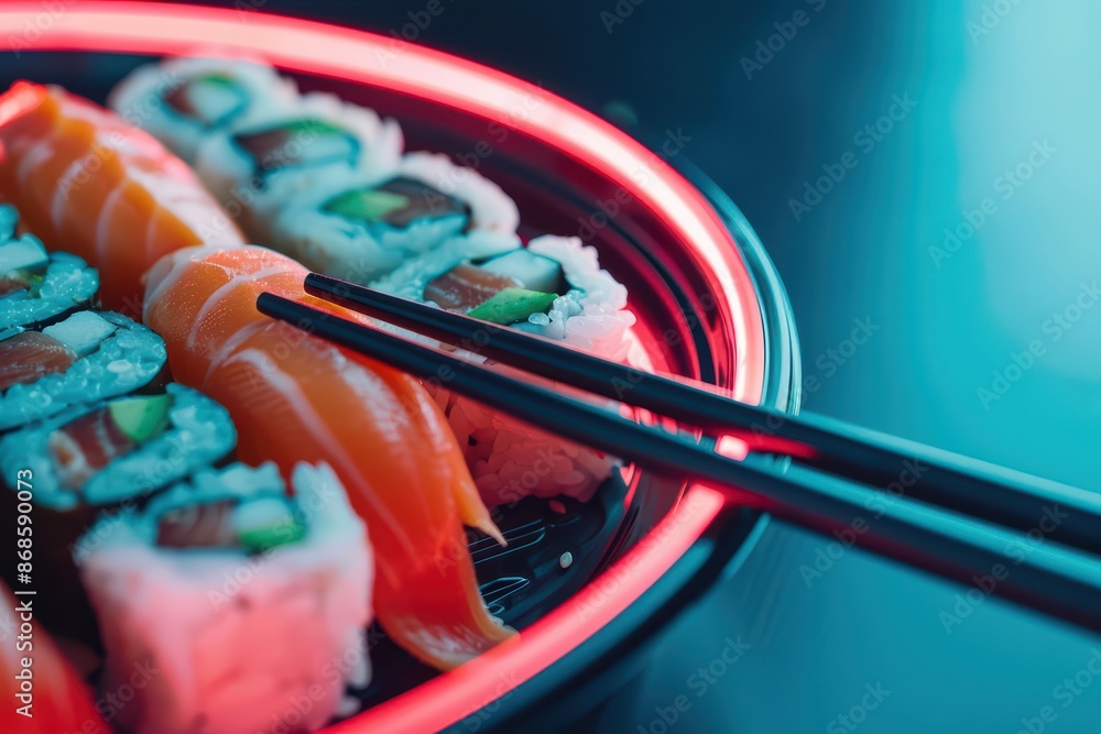 Aufkleber dynamic display of asian culinary elements with neon highlights and clean lines with copy space