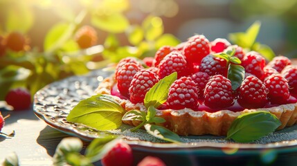 A vibrant shot of a raspberry basil tart, with its bright, fruity filling and fresh basil garnish, arranged on a stylish plate with a sunny backdrop
