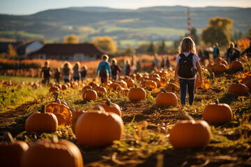 Fototapeta premium A pumpkin patch during the day, with families picking pumpkins and taking photos in front of a festive Halloween backdrop