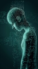 Digital illustration of a futuristic human figure composed of binary code, symbolizing artificial intelligence and advanced technology.