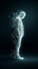 Digital transformation concept showing a human dissolving into pixels and data in a minimalist, futuristic design against a dark background.