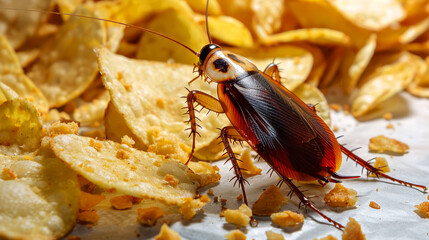 Obraz premium Close-up of a cockroach among potato chip crumbs on a table, highlighting infestation.