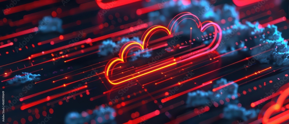 Poster futuristic banner showcasing digital clouds with glowing elements and sleek design with copy space