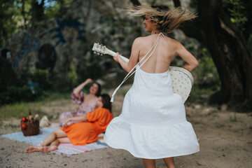Three girls having a joyful picnic in the park, playing guitar and celebrating friendship and...