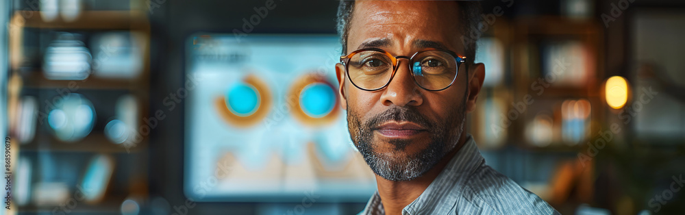 Poster middle-aged man with glasses analyzing data charts on a computer screen, showcasing a professional a